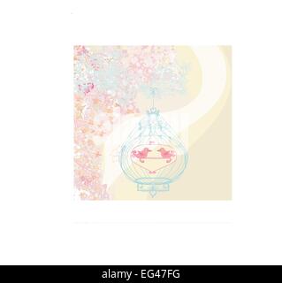 floral card with a bird on the cage Stock Vector