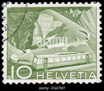 SWITZERLAND - CIRCA 1949: A stamp printed in Switzerland, shows Mountain Railway, without inscription, from the series 'Landscap Stock Photo
