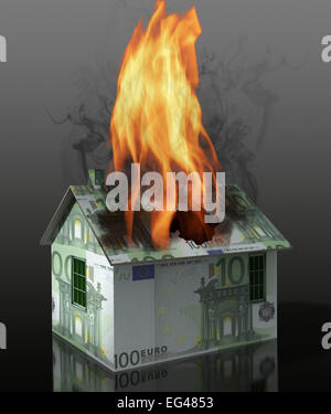 Burning house made of Euro notes illustration Stock Photo