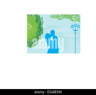 Couple kissing at sunset on the park, background vector illustration Stock Vector