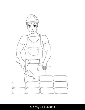 Builder working. Working mason makes laying bricks. Stock Vector