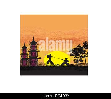 Silhouette illustration of two ninjas in duel Stock Vector