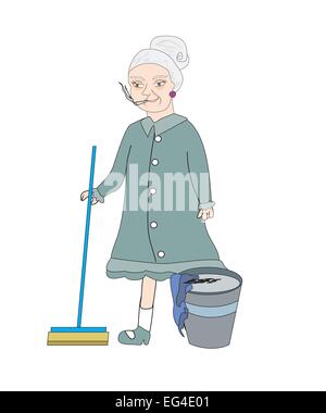 cartoon character housemaid with broom vector illustration, isol Stock ...