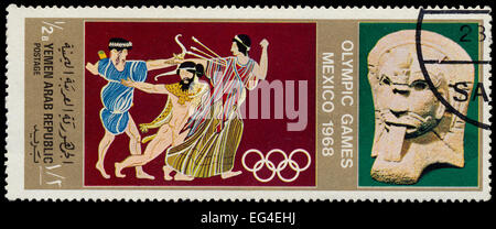 YEMEN ARAB REPUBLIC - CIRCA 1968: A stamp printed in Yemen Arab Republic shows greek mythology scenes, Commemorating the 1968 Me Stock Photo