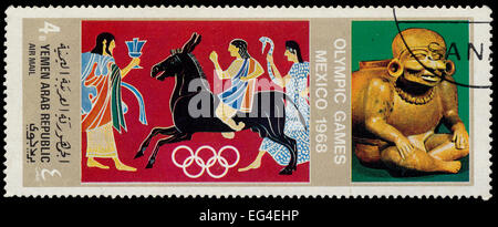 YEMEN ARAB REPUBLIC - CIRCA 1968: A stamp printed in Yemen Arab Republic shows greek mythology scenes, Commemorating the 1968 Me Stock Photo