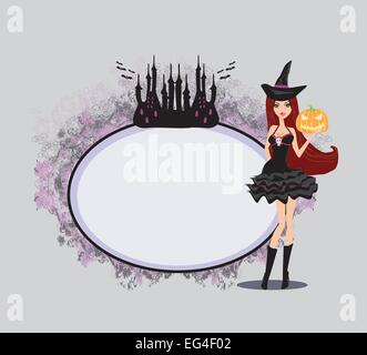 Halloween witch standing with pumpkin Stock Vector