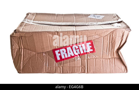 damaged cardboard parcel on white background Stock Photo