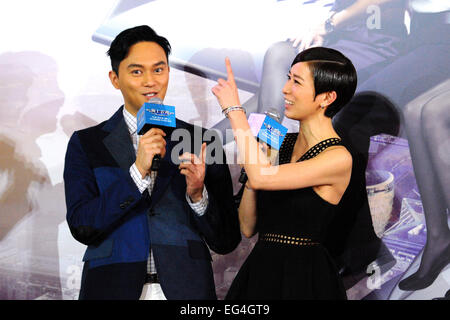 Singapore. 16th Feb, 2015. Hong Kong Actor Julian Cheung (L) and Charmaine Sheh attend the gala premiere of movie 'Triumph in the Skies' in Singapore's Marina Bay Sands, Feb. 16, 2015. Credit:  Then Chih Wey/Xinhua/Alamy Live News Stock Photo