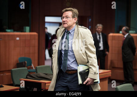 Brussels, Bxl, Belgium. 16th Feb, 2015. Finance Minister Johan Van Overtveldt at the start of Eurogroup finance ministers meeting on the Greek debt at European Council headquarters in Brussels, Belgium on 16.02.2015 by Wiktor Dabkowski Credit:  Wiktor Dabkowski/ZUMA Wire/Alamy Live News Stock Photo