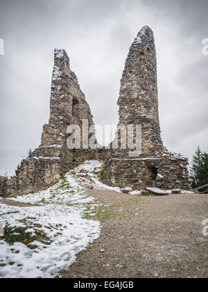 Image of ruin Hohenfreyberg on a winter day with mist and mystical mood Stock Photo