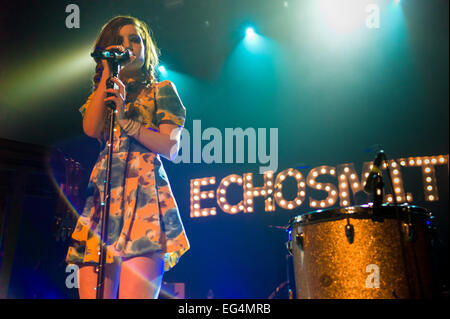 Austin, TX, USA. February 15, 2015. Sydney Sierota of American indie pop band Echosmith. The band consists of four siblings from Toluca Lake, CA, USA. Sydney Sierota (lead vocals), Jamie Sierota (lead guitar, backup viocals), Noah Sierota (bass guitar, backup vocals, Graham Sierota (drums). Echosmith performs a sold out show at Emo's during their 2015 tour. Credit:  J. Dennis Thomas/Alamy Live News Stock Photo