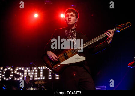 Austin, TX, USA. February 15, 2015. Noah Sierota of American indie pop band Echosmith. The band consists of four siblings from Toluca Lake, CA, USA. Sydney Sierota (lead vocals), Jamie Sierota (lead guitar, backup viocals), Noah Sierota (bass guitar, backup vocals, Graham Sierota (drums). Echosmith performs a sold out show at Emo's during their 2015 tour. Credit:  J. Dennis Thomas/Alamy Live News Stock Photo