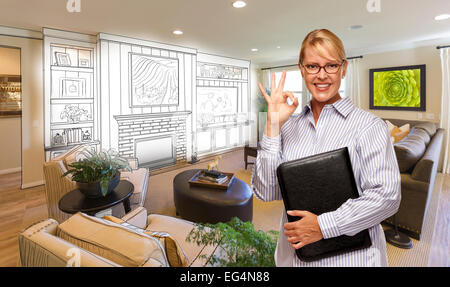 Happy Woman with Okay Sign Over Custom Living Room and Design Drawing. Stock Photo