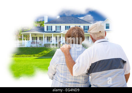 Daydreaming Senior Couple Over Custom Home Photo Inside Thought Bubble. Stock Photo
