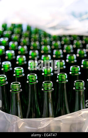 Plastic wrapping and rows of empty green bottles in bottling plant Stock Photo