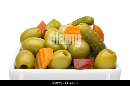 Pickled gherkins olives onions carrots garlic red pepper chili Stock Photo