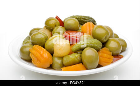 Pickled gherkins olives onions carrots garlic red pepper chili Stock Photo