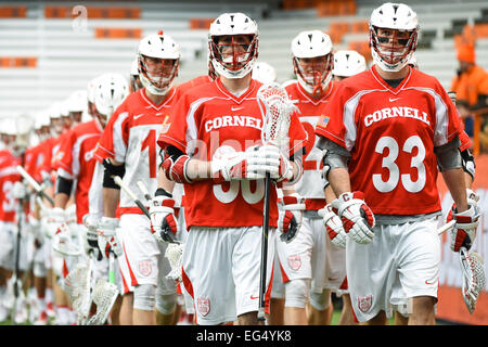 February 15, 2015: Cornell Big Red players walk on the field prior to an NCAA men's lacrosse game between the Cornell Big Red and the Syracuse Orange at the Carrier Dome in Syracuse, New York. Syracuse won the game 14-6. Rich Barnes/CSM Stock Photo