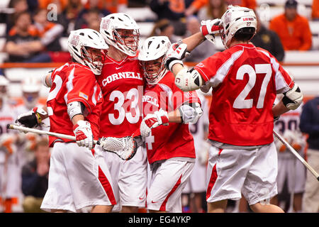 February 15, 2015: Cornell Big Red players celebrate a goal during a NCAA men's lacrosse game between the Cornell Big Red and the Syracuse Orange at the Carrier Dome in Syracuse, New York. Syracuse won the game 14-6. Rich Barnes/CSM Stock Photo