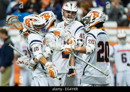 February 15, 2015: Syracuse Orange players celebrate a goal during a NCAA men's lacrosse game between the Cornell Big Red and the Syracuse Orange at the Carrier Dome in Syracuse, New York. Syracuse won the game 14-6. Rich Barnes/CSM Stock Photo