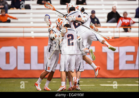 February 15, 2015: Syracuse Orange players celebrate a goal during a NCAA men's lacrosse game between the Cornell Big Red and the Syracuse Orange at the Carrier Dome in Syracuse, New York. Syracuse won the game 14-6. Rich Barnes/CSM Stock Photo