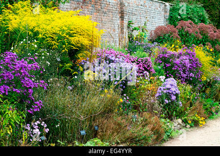 Variety of flowering plants and shrubs in herbaceous border at Waterperry Gardens, Oxfordshire, UK Stock Photo