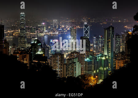 Tall buildings in Hong Kong Island city centre at night Stock Photo