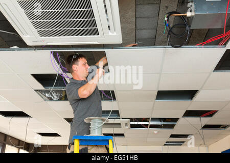 electrician installing cables above suspended ceiling Stock Photo