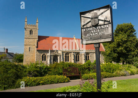 Fornham All Saints church and village sign in Suffolk, UK
