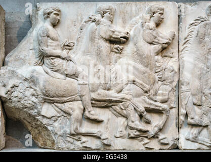 The British Museum, London, UK. A group of horsemen from the South Frieze of the Parthenon (Athens), part of the Elgin Marbles Stock Photo