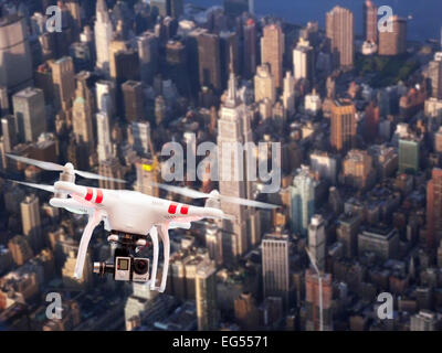 Quadcopter or drone flying over New York USA Stock Photo