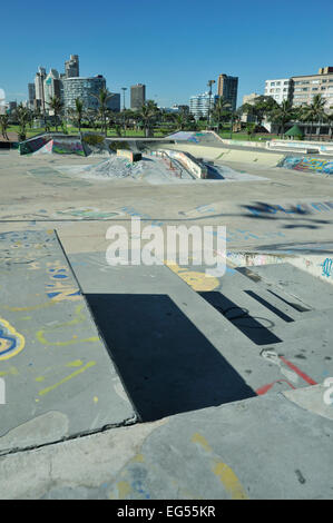 Obstacles for skateboarders and trick cyclist in skate park on Golden Mile of Durban beachfront, KwaZulu-Natal, South Africa Stock Photo