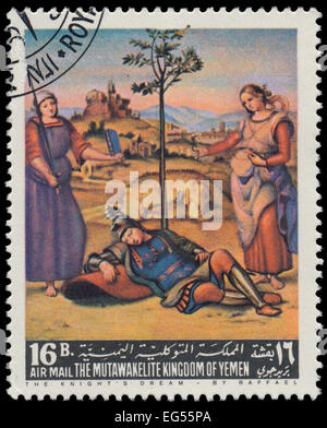 YEMEN - CIRCA 1967: stamp printed by Yemen, shows The Knight's Dream by Raffael, circa 1967 Stock Photo