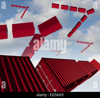 Cargo air shipping concept as a group of red transport containers organized in the shape of a bird flock migrating to exporting Stock Photo