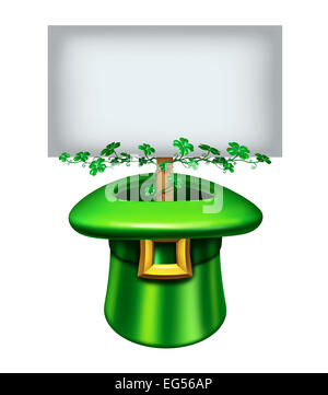 St.Patrick's day blank sign with a green leprechaun hat decorated in clover leaf and a banner inside with white copy space as a Stock Photo