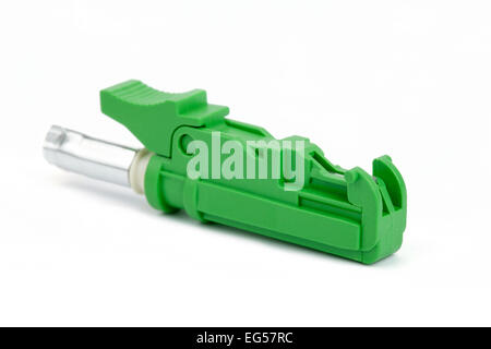 green fiber optic E2000 connector on white background Stock Photo