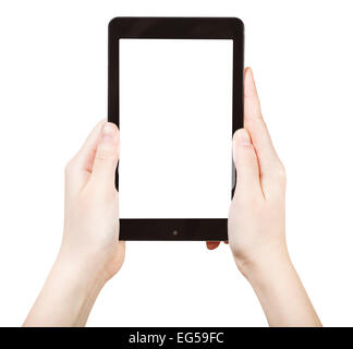 hands holding touchpad with cut out screen isolated on white background Stock Photo