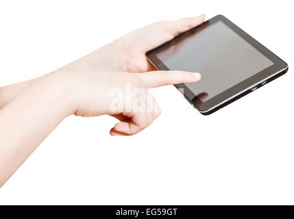 girl holding and touching touchpad screen isolated on white background Stock Photo