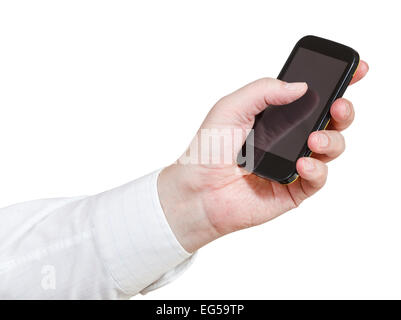 businessman clicking touchscreen phone isolated on white background Stock Photo