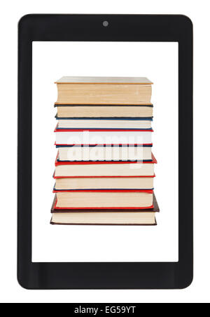 stack of books on screen of tablet pc isolated on white background Stock Photo