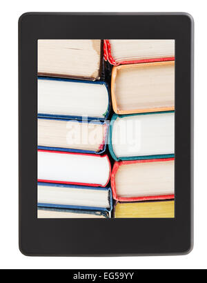 many of books on screen of e-book reader isolated on white background Stock Photo