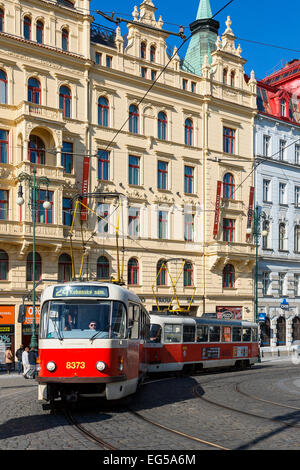 Prague, Street car and old style apartment building Stock Photo