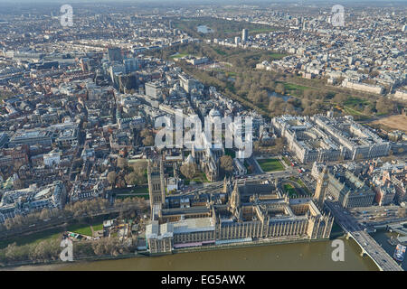 An aerial view of the Houses of Parliament with Westminster Abbey, Green Park and Hyde Park visible in the background Stock Photo