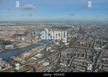 An aerial view looking from Wandsworth Bridge along the River Thames towards the City of London Stock Photo