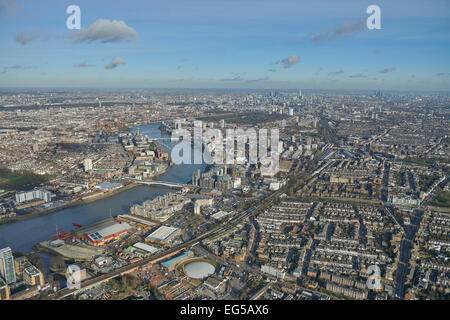 An aerial view looking from Wandsworth Bridge along the River Thames towards the City of London Stock Photo