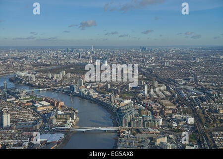 An aerial view looking from Wandsworth Bridge along the River Thames towards the City of London Stock Photo