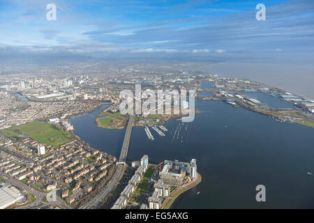 A wide aerial view showing Cardiff Bay on a fine day, with the city visible behind Stock Photo