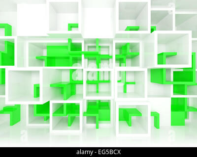Abstract 3d design background with white and green chaotic cells on the wall Stock Photo