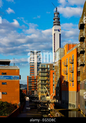 View of canal and the BT Tower with modern residential buildings in Birmingham City Centre West Midlands England UK Stock Photo