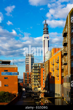 View of canal and the BT Tower with modern residential buildings in Birmingham City Centre West Midlands England UK Stock Photo